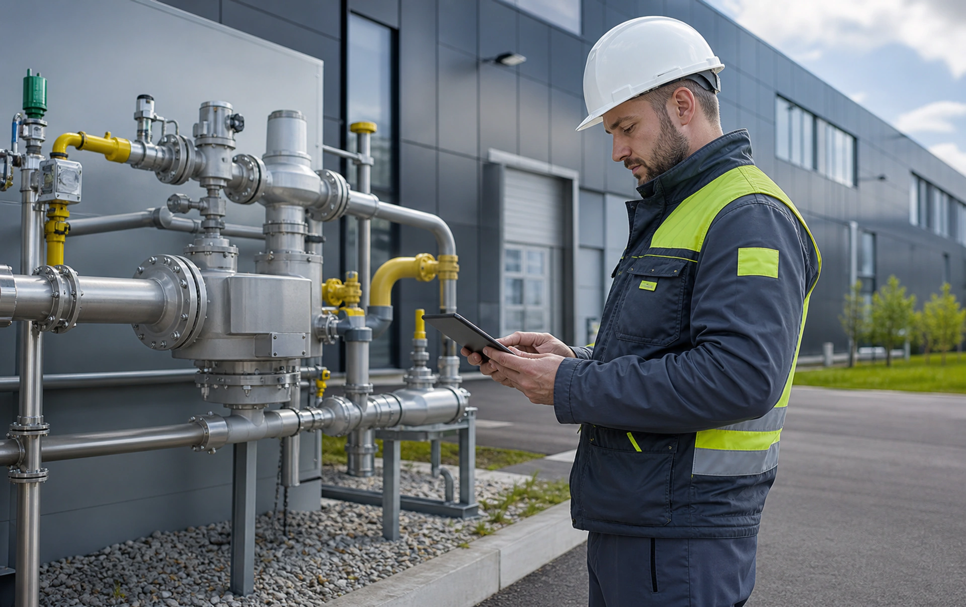 Technische Gewerbegas-Anlage mit Servicetechniker an einem Firmenstandort