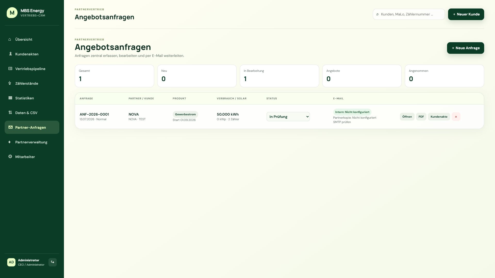 Partner-Anfragen im MBS CRM mit Status und Angebotsbearbeitung