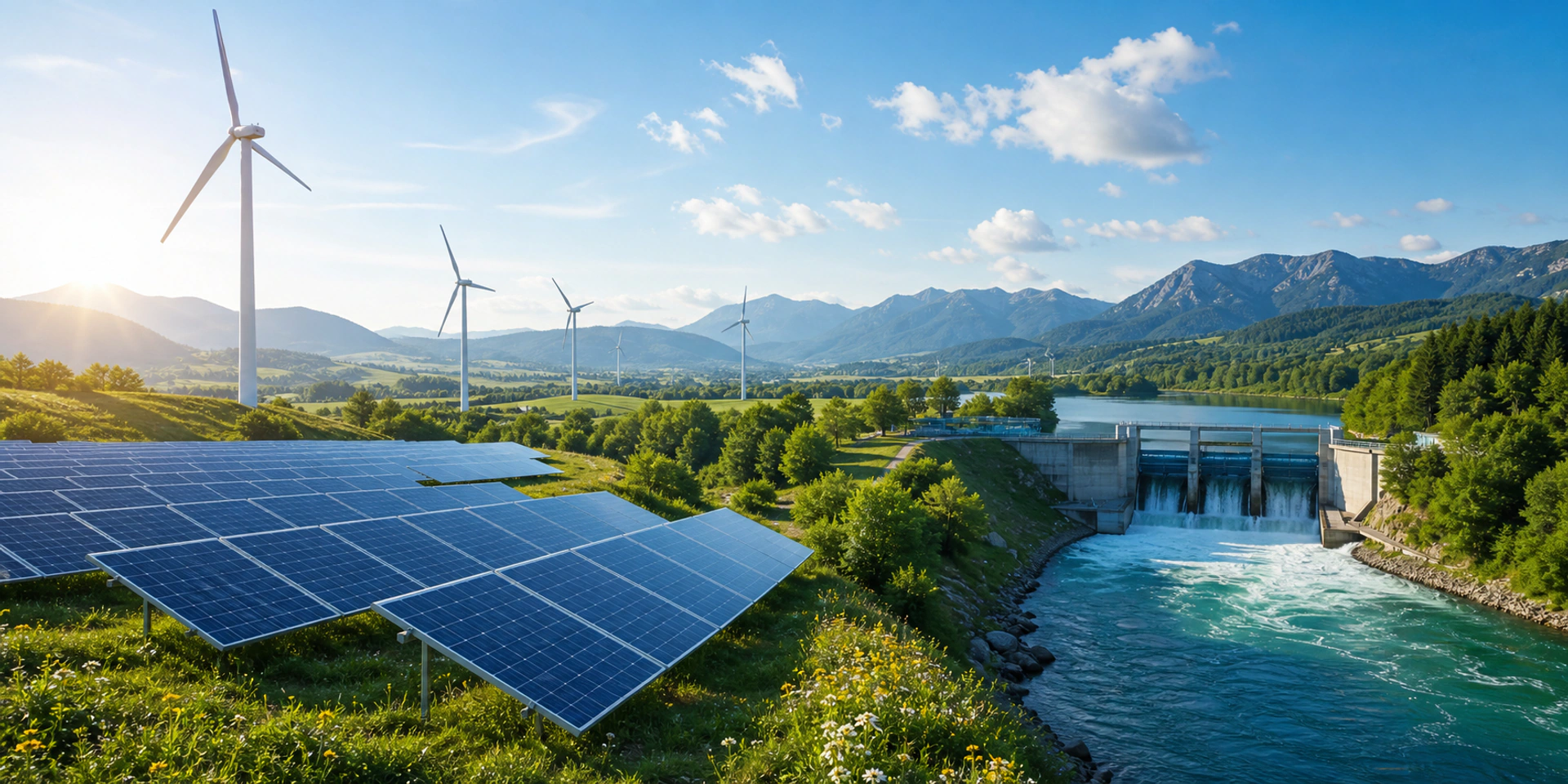 Solar, Windkraft und Wasserkraft als erneuerbare Stromquellen