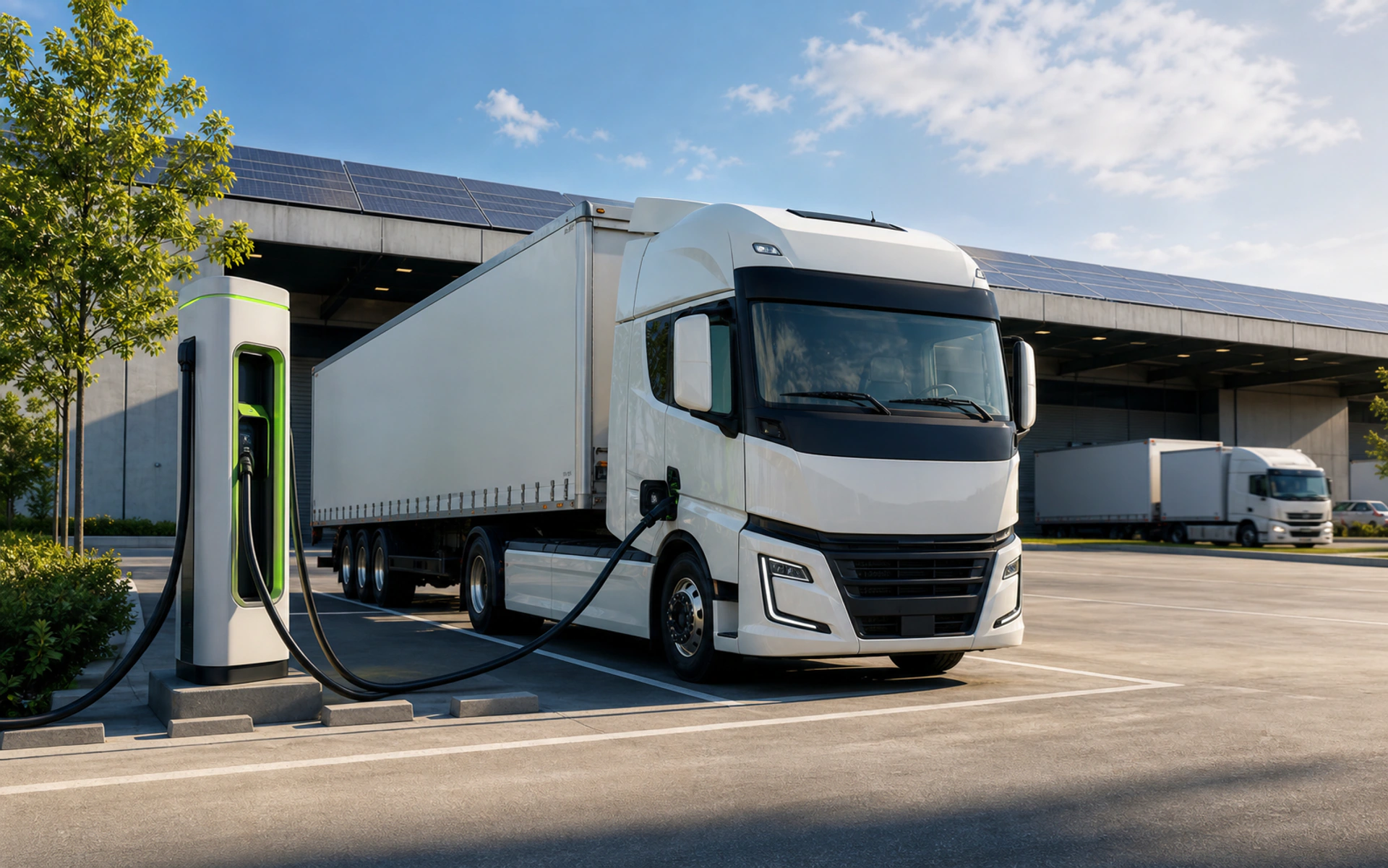 LKW an einer modernen Schnellladesäule auf einem Logistikgelände